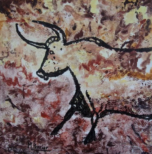 Inspiration rupestre n°1 Peinture rupestre traitée en acrylique, avec des couleurs qui mélangent notamment l'Ocre Jaune, la Terre de Sienne Brulée avec l'Iridescent Cuivré