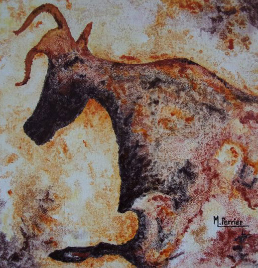 Inspiration rupestre n° 2 Peinture rupestre traitée en acrylique, avec des tons qui se déclinent de l'ocre jaune à l'iridescent cuivré