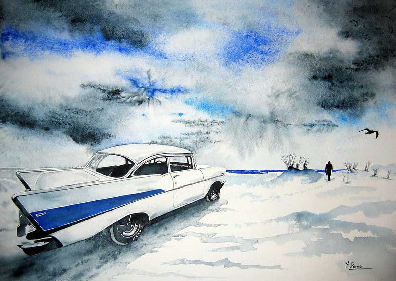 Voiture rétro et plage en hiver